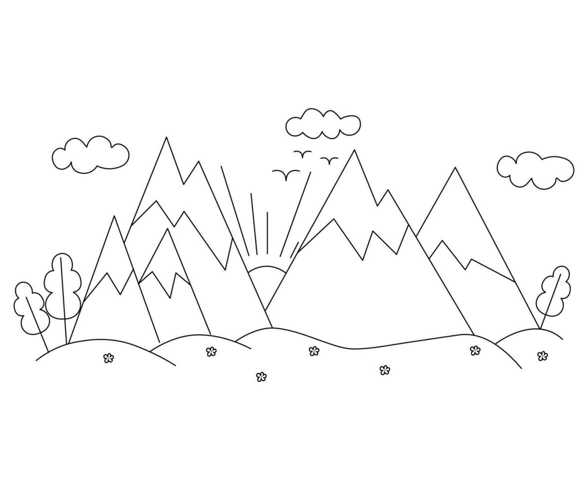black and white mountain landscape in one line, the logo of mountain travel vector