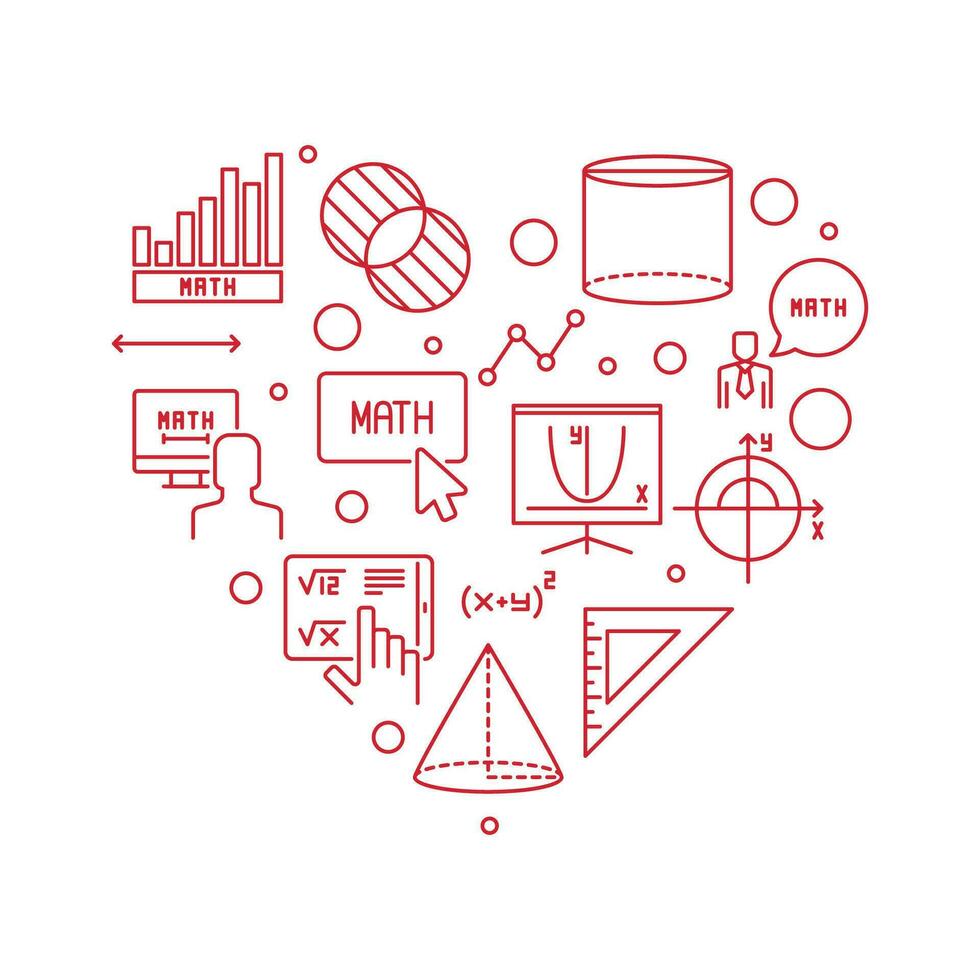 Learning Mathematics vector line red heart shaped banner. Math concept illustration