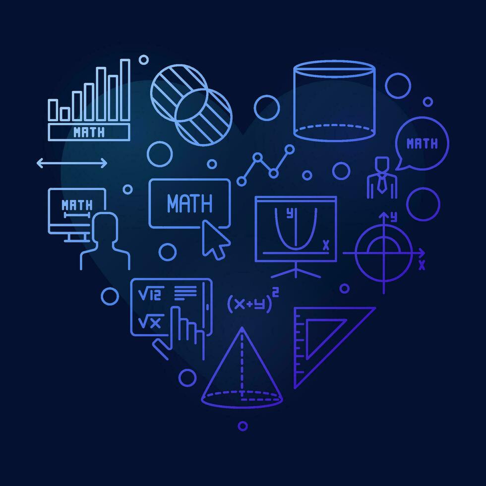 Learning Mathematics vector thin line heart shape blue banner - Math concept modern illustration