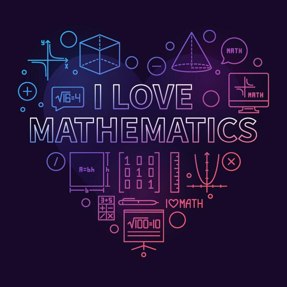 I Love Mathematics Heart concept vector line colored banner. Math illustration