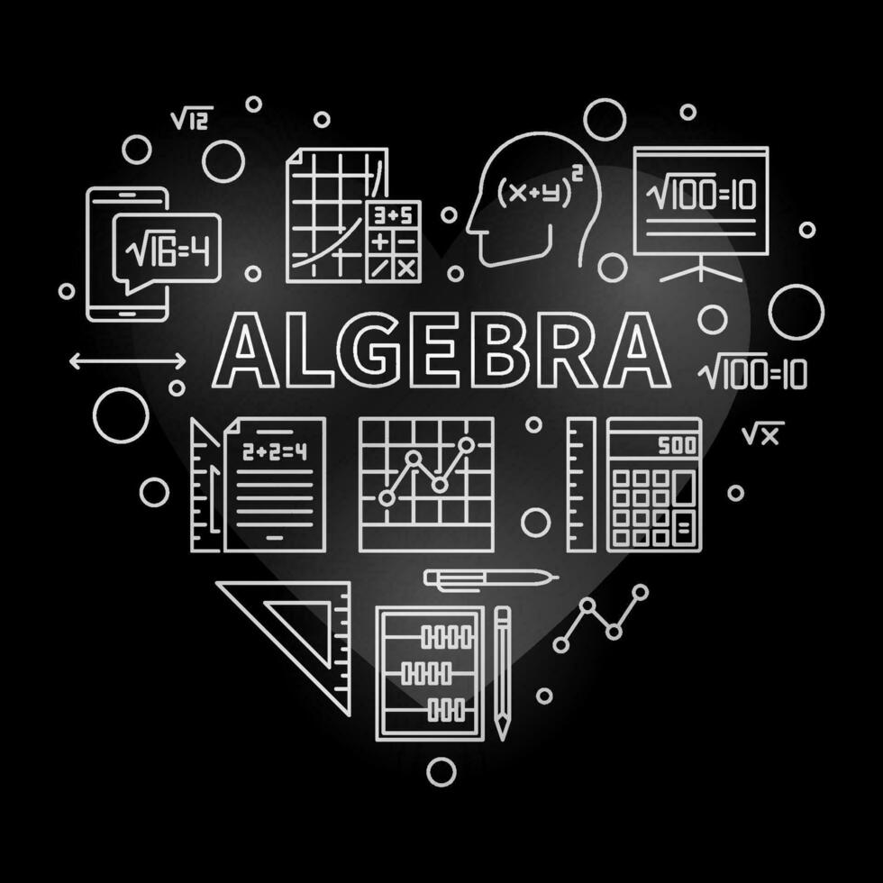 Algebra concept thin line heart shaped silver banner. Vector illustration