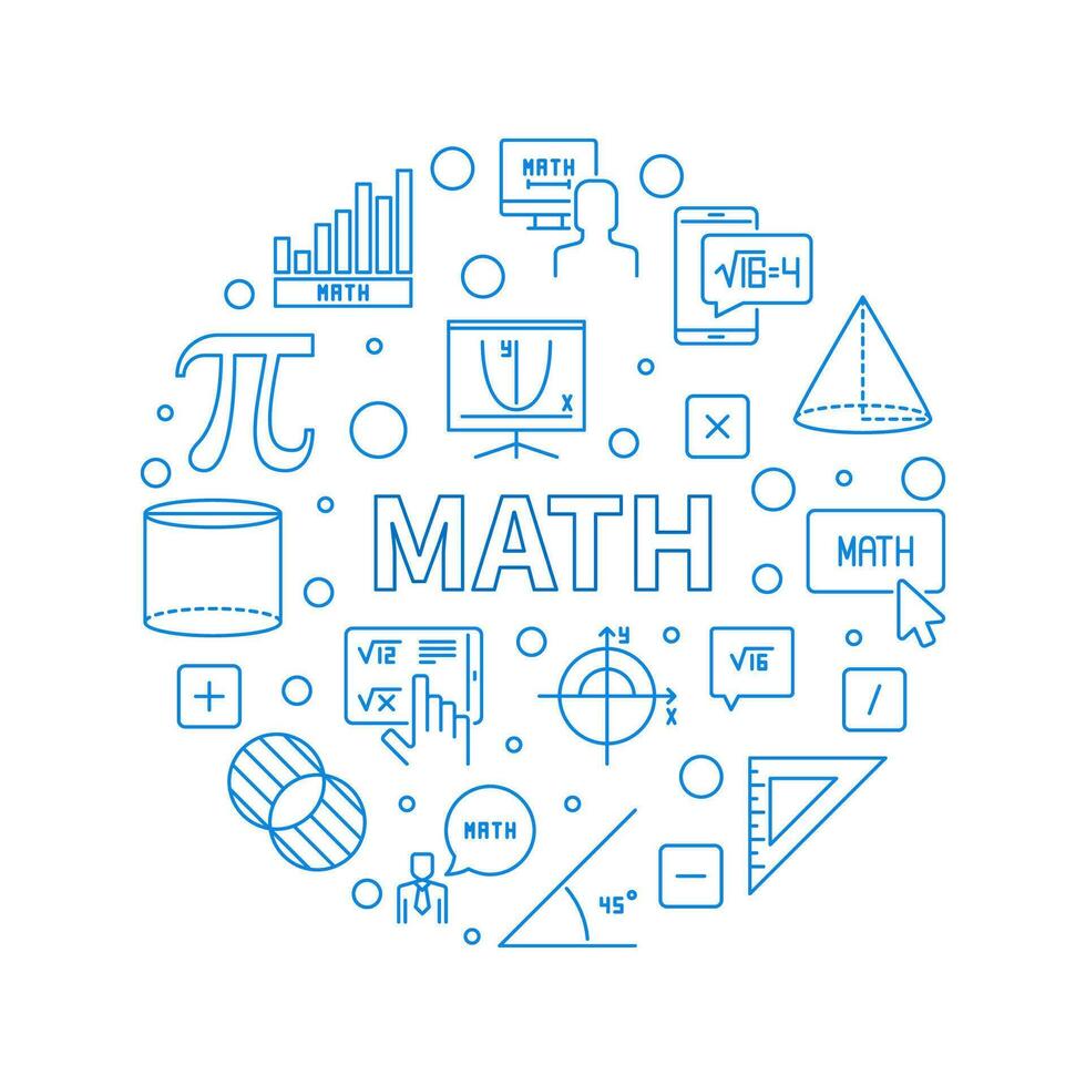 Math vector outline round banner. Mathematics simple blue illustration