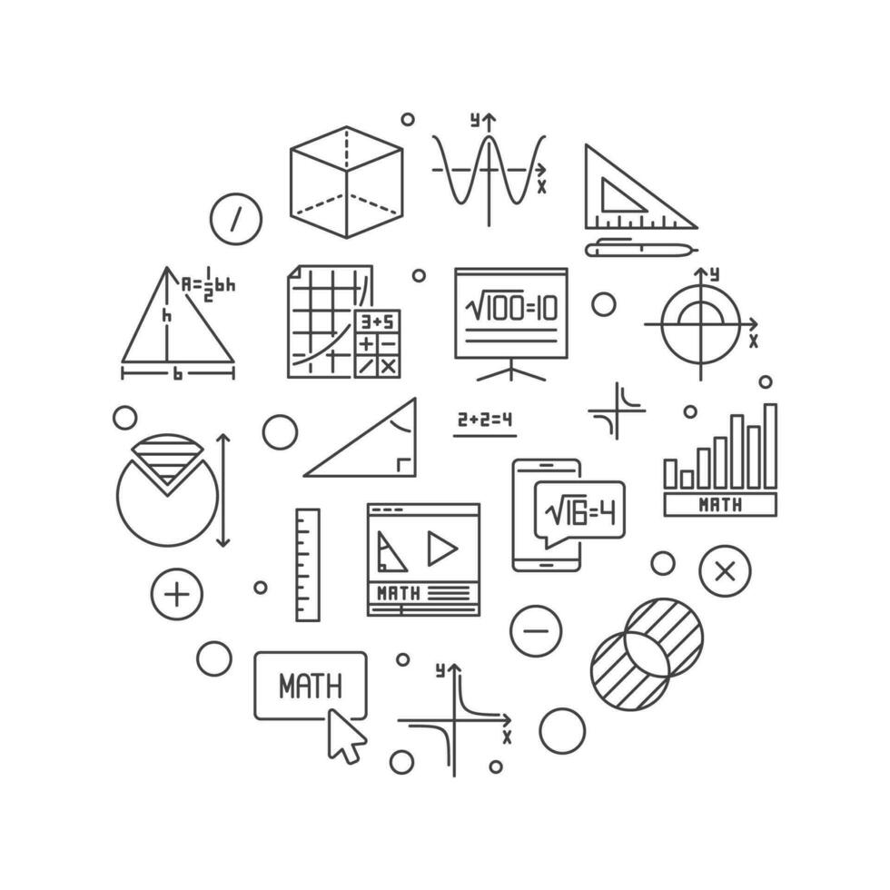 Math Learning vector line round banner. Mathematics concept illustration