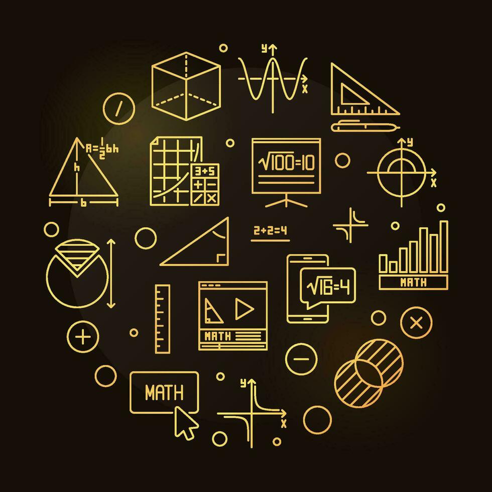 Math Learning vector line round golden banner - Mathematics concept circle shaped illustration