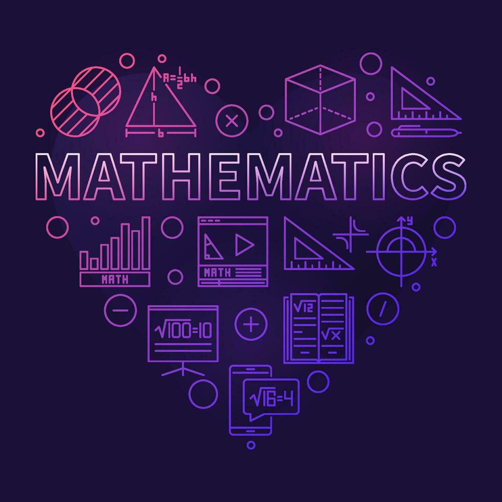 Mathematics vector thin line heart shaped colored banner - Math Science outline illustration