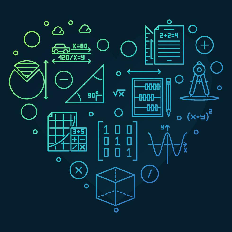 matemáticas educación vector línea en forma de corazon bandera. matemáticas concepto contorno ilustración