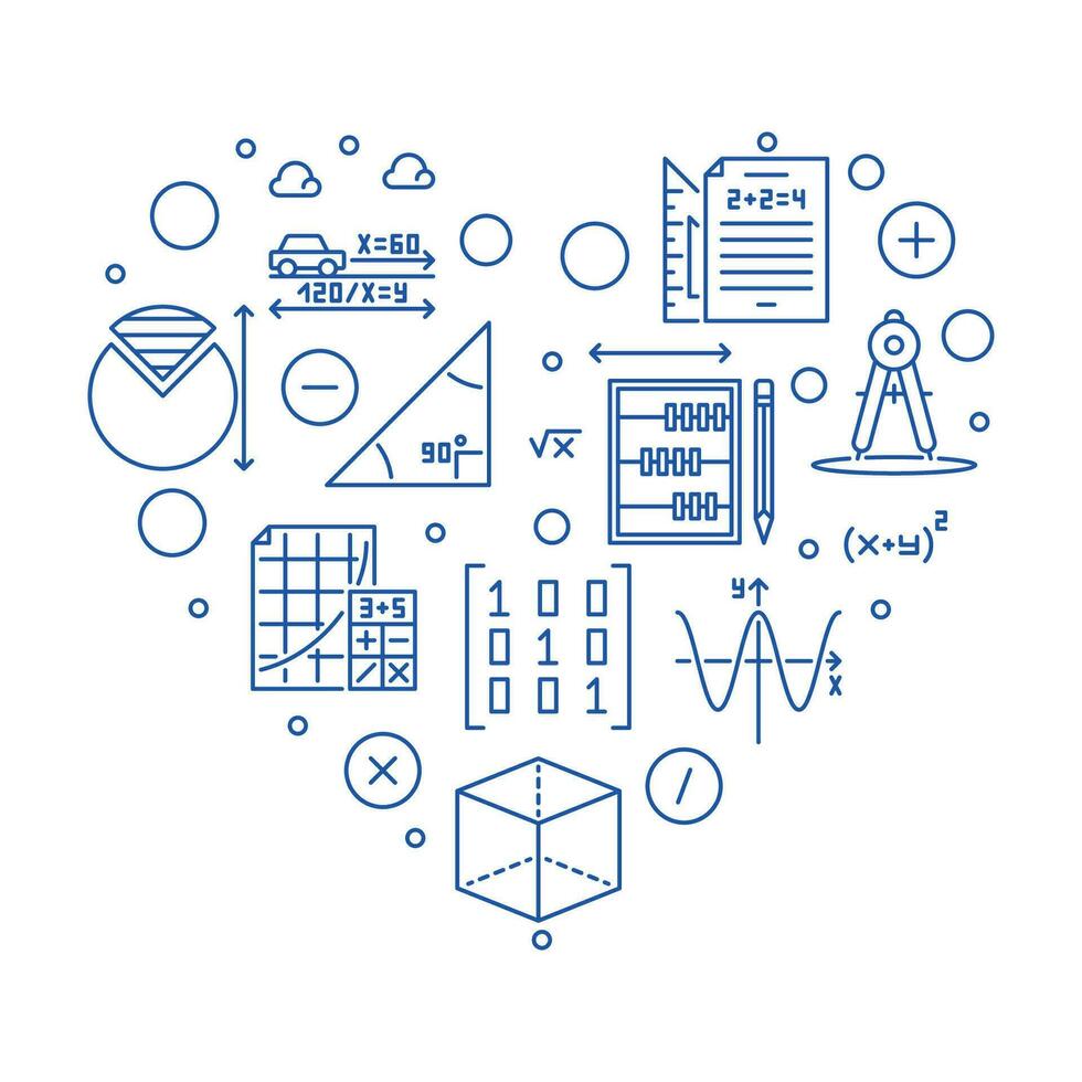 Mathematics Education vector outline heart shaped banner - Math concept line illustration