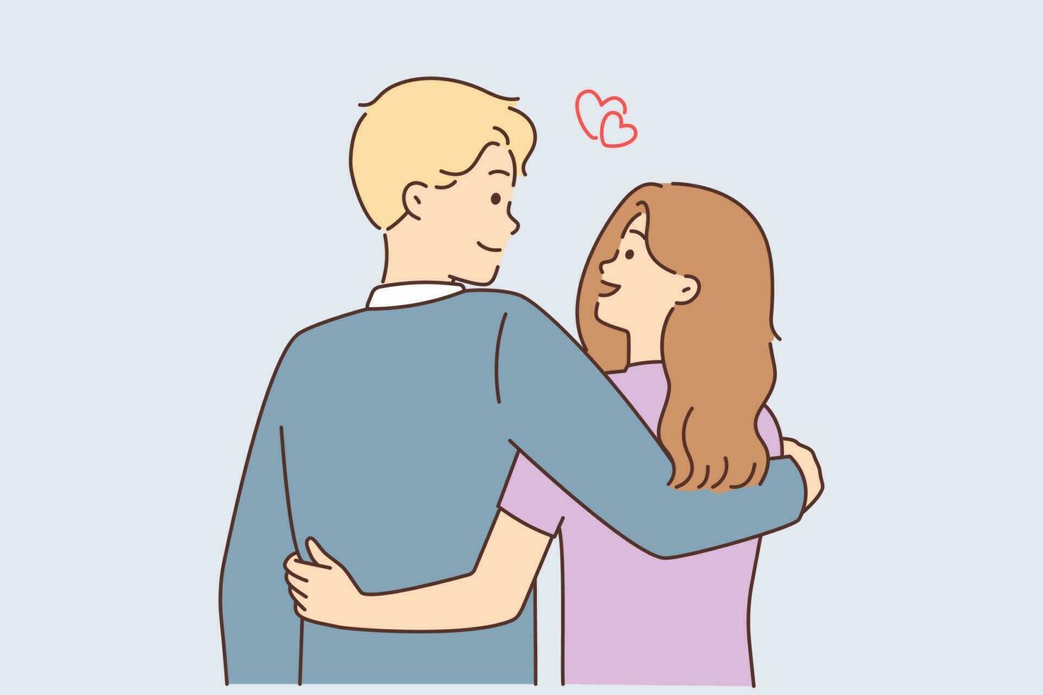 Happy young couple walking embracing each other. Smiling man and woman hugging feeling in love. Romantics date and relationships. Vector illustration.