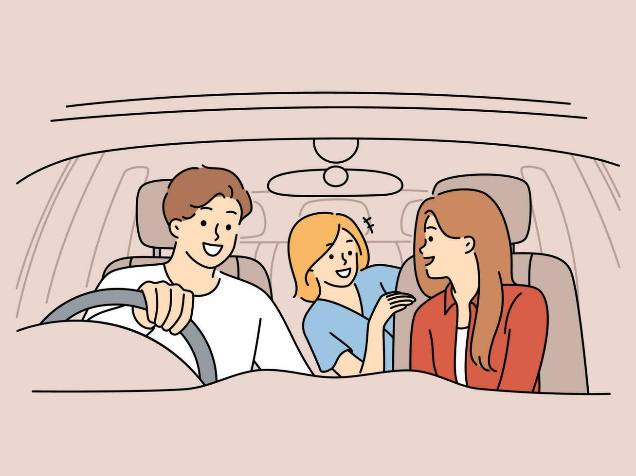 contento familia con niño conducción en coche juntos. sonriente padres con niño tener divertido disfrutar la carretera viaje en automóvil. aventuras y viaje. vector ilustración.