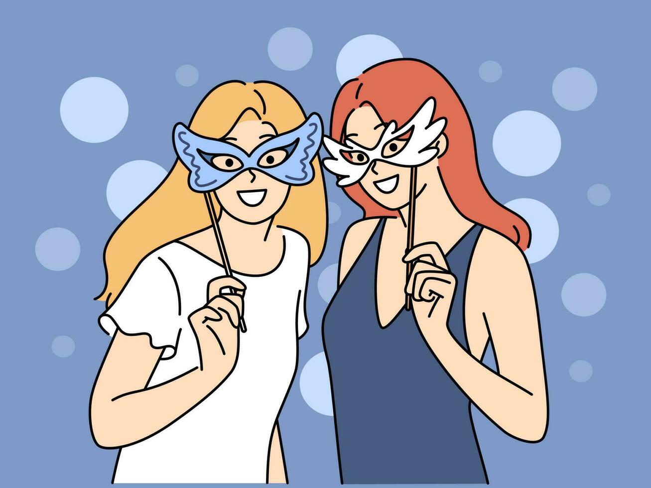 Smiling girls in masks have fun celebrating together. Happy young women in costumes enjoy party or celebration. Festival or masquerade. Vector illustration.