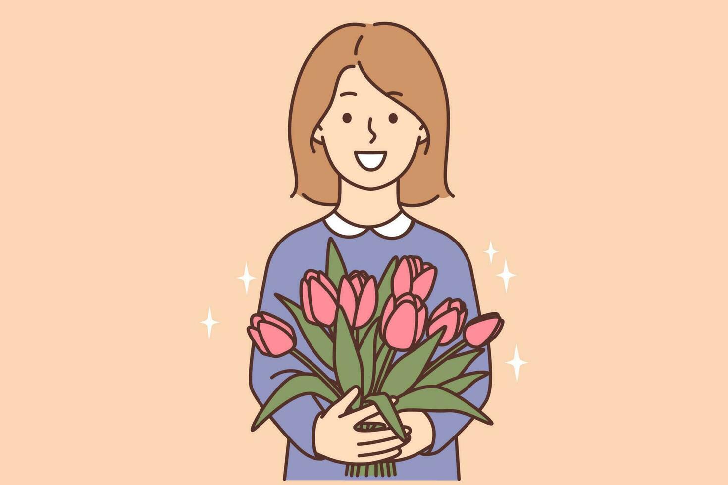 sonriente niña participación flores ramo de flores saludo con aniversario. contento niño con floral composición felicitar con cumpleaños ocasión. vector ilustración.