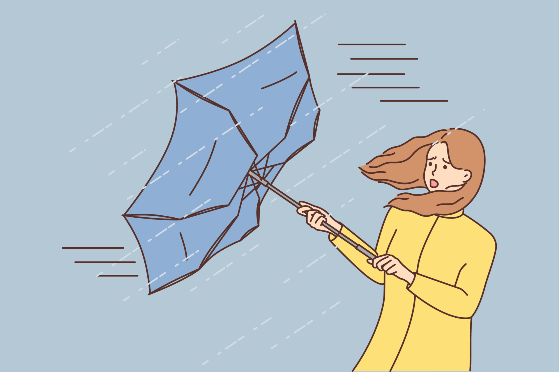Scared young woman with umbrella in rain outdoors. Unhappy terrified female in thunderstorm and