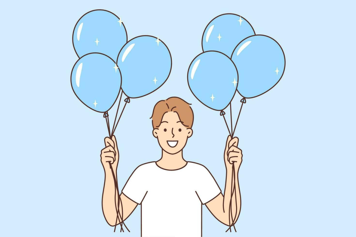 sonriente joven hombre con globos en manos. contento chico con fiesta accesorios celebrar cumpleaños o aniversario. vector ilustración.