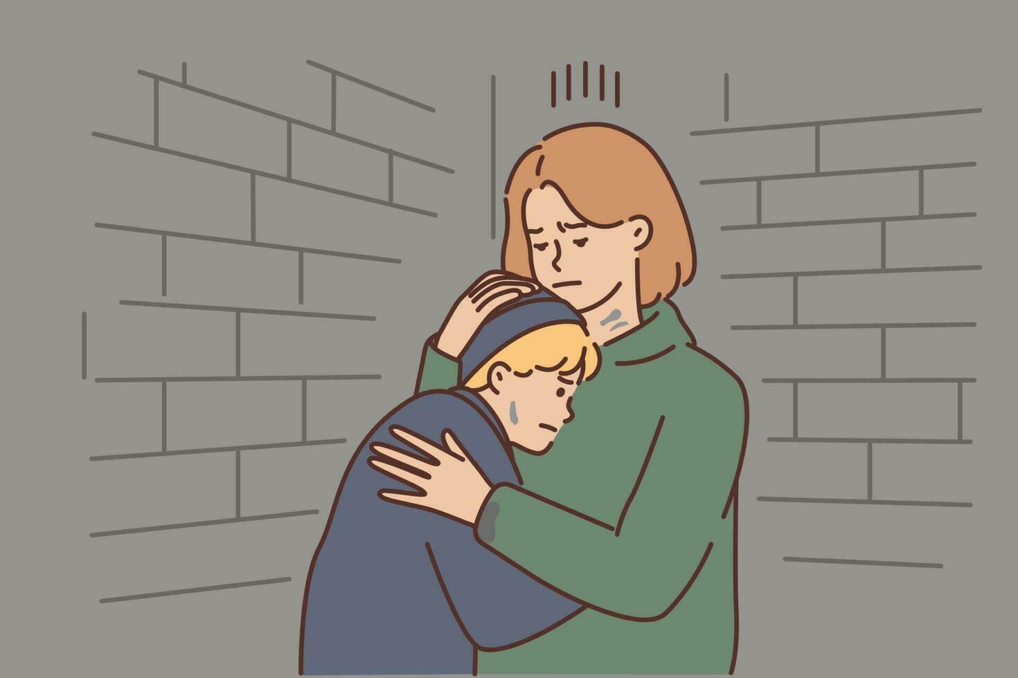 Unhappy mother hug crying child hiding in cellar. Stressed upset mom and anxious poor kid find shelter in abandoned basement. Vector illustration.