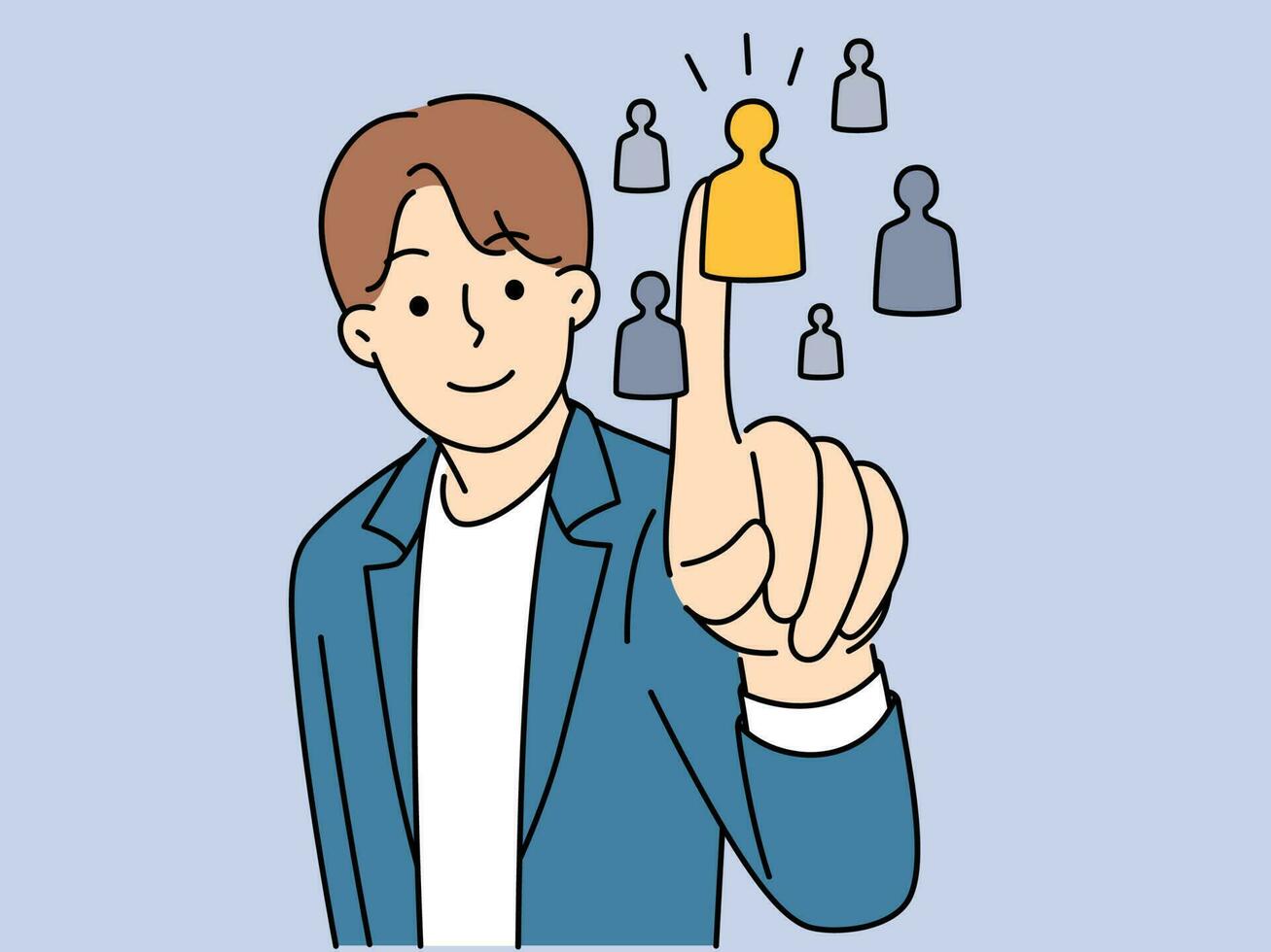 Businessman choose person icon communicate with colleague or coworker online. Concept of business network and contact. Cooperation. Vector illustration.