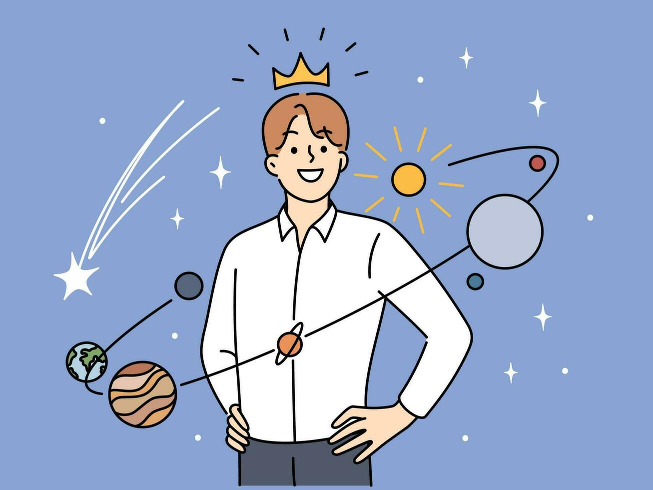 Confident young man in crown stand in center of universe feeling narcissist. Successful male with planets around feel self-love and confidence. Vector illustration.