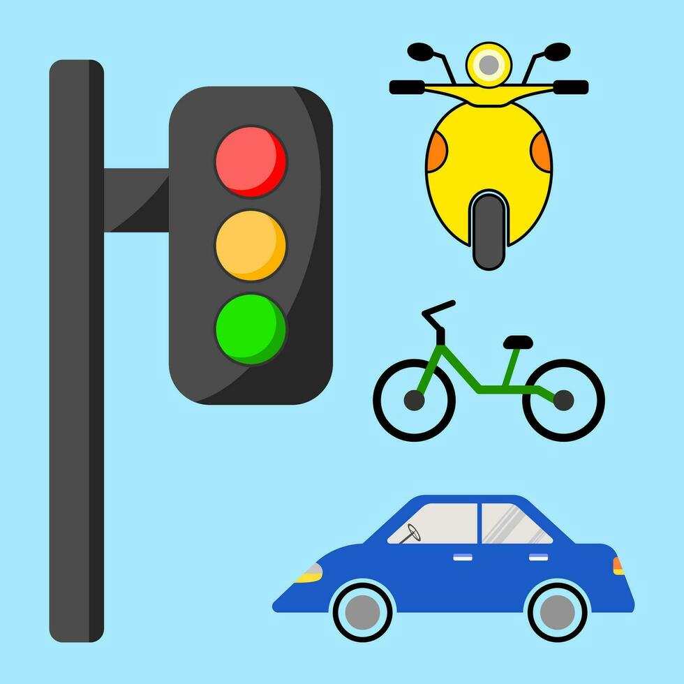 Traffic Light, Car, Motorcycle and Bicycle in flat vector illustration design