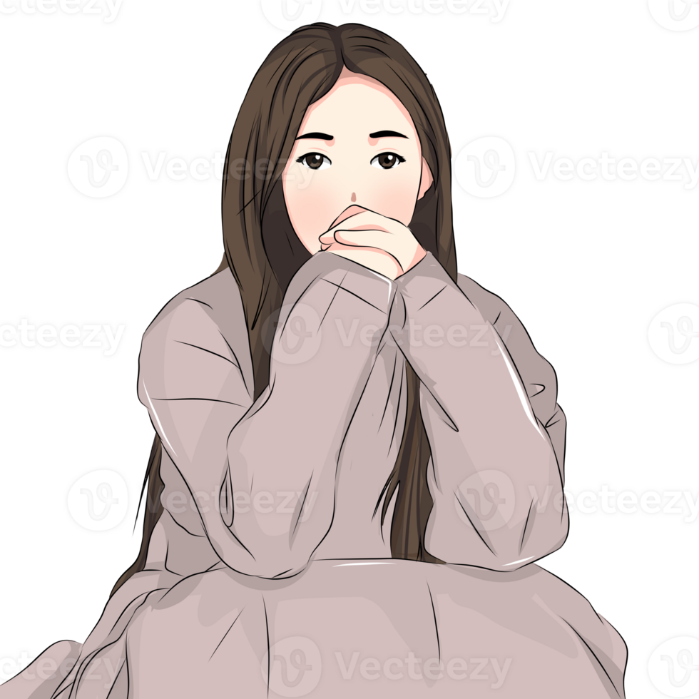 This evocative illustration captures the introspective moment of a woman lost in deep contemplation. Her serene expression and focused gaze suggest a state of introspection and self-reflection. png