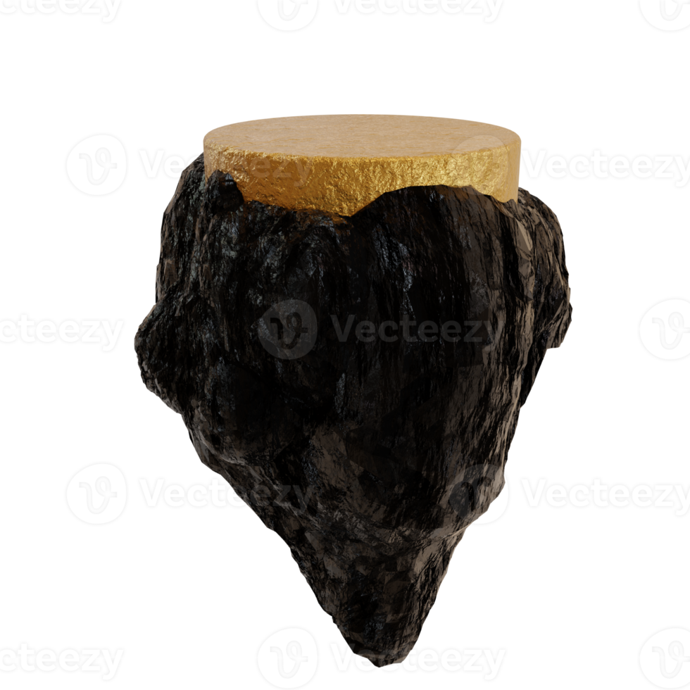 3d render of charcoal or coal with golden podium. floating podium, stand concept for storefront, adventure-themed product showcase png