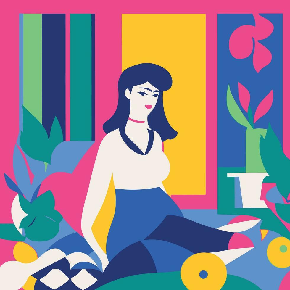Vector flat design Matisse style illustration of a woman in a relaxed pose. The illustration features bold colors and simple shapes, giving it a modern and stylish look