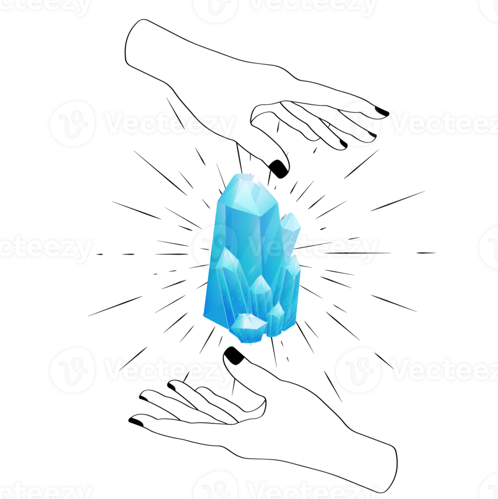 Celestial Mystical Line Hands with Blue Sparkly Gradient Quartz Crystal. Esoteric Symbols png