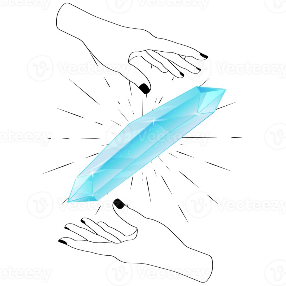 Celestial Mystical Line Hands with Blue Sparkly Gradient Quartz Crystal. Esoteric Symbols png