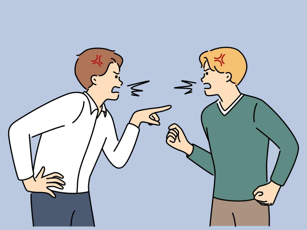 Angry men shout have fight or quarrel. Mad furious male colleagues or employees scream and yell engaged in misunderstanding at work. Vector illustration.