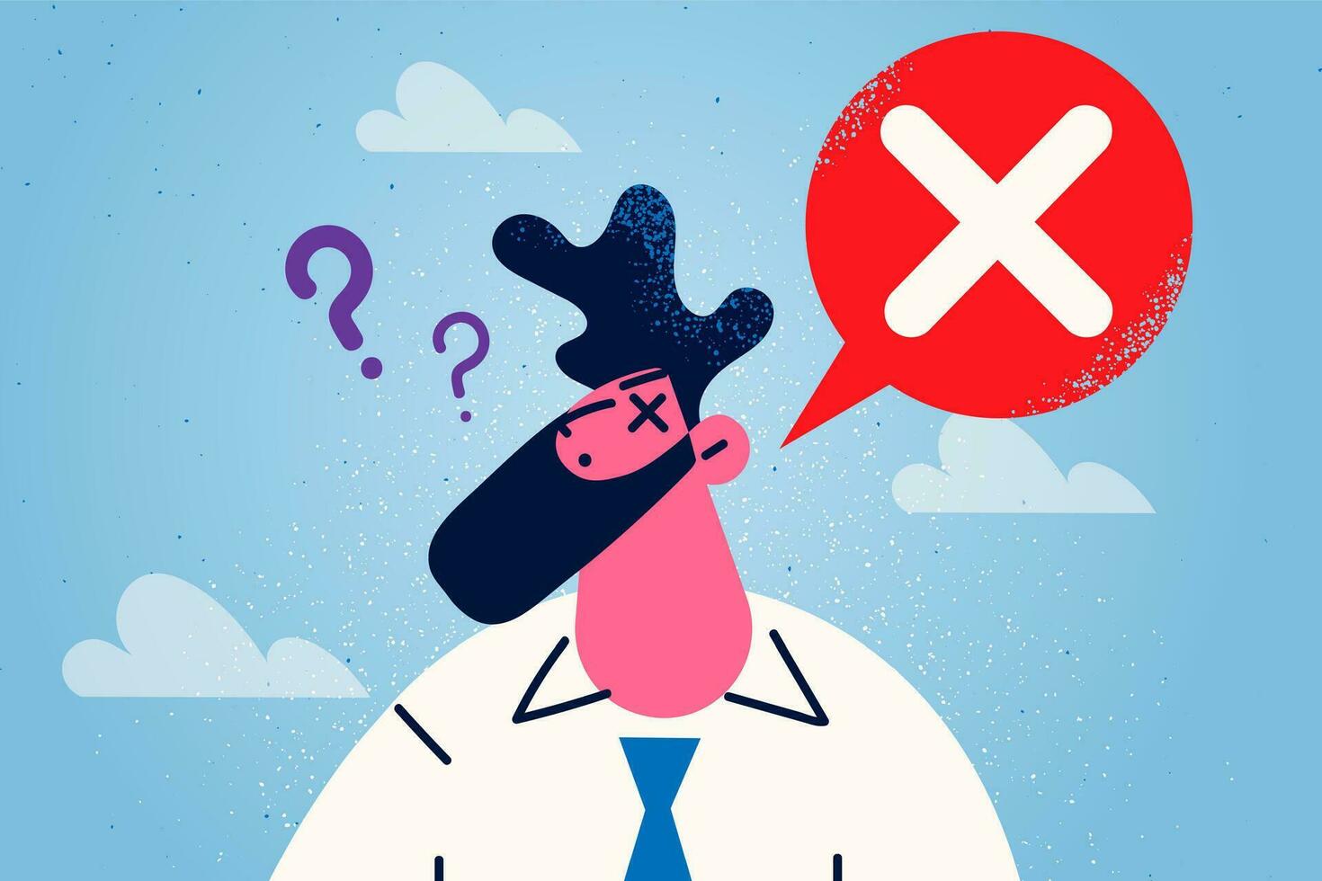 Frustrated man feel biased and prejudiced have blocks in head. Pensive confused male with cross sign, full with judgments against race, sex or gender. Mental filter. Flat vector illustration.