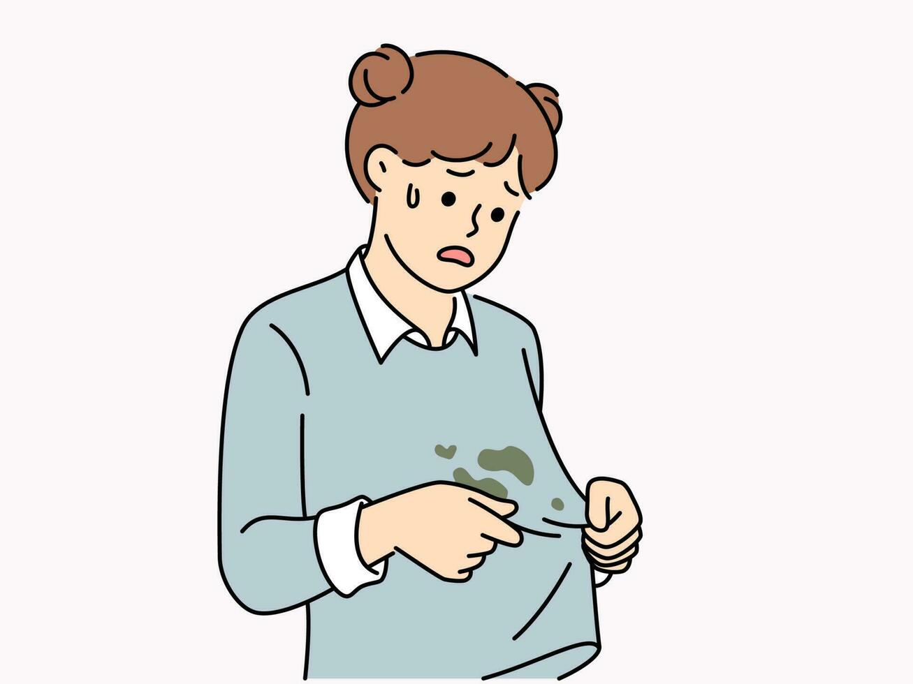 Unhappy girl look at dirty shirt. Upset small child stressed with stains on sweater get dirt on clothes. Vector illustration.