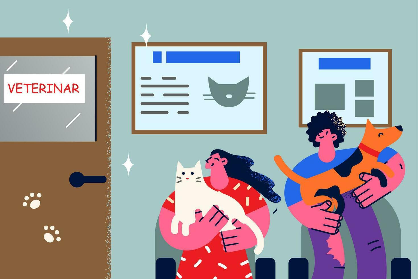 Happy diverse people with pets sit in queue to vet doctor in clinic. Domestic animals dog and cat owners in line to veterinarian in hospital. Medicine and healthcare. Flat vector illustration.