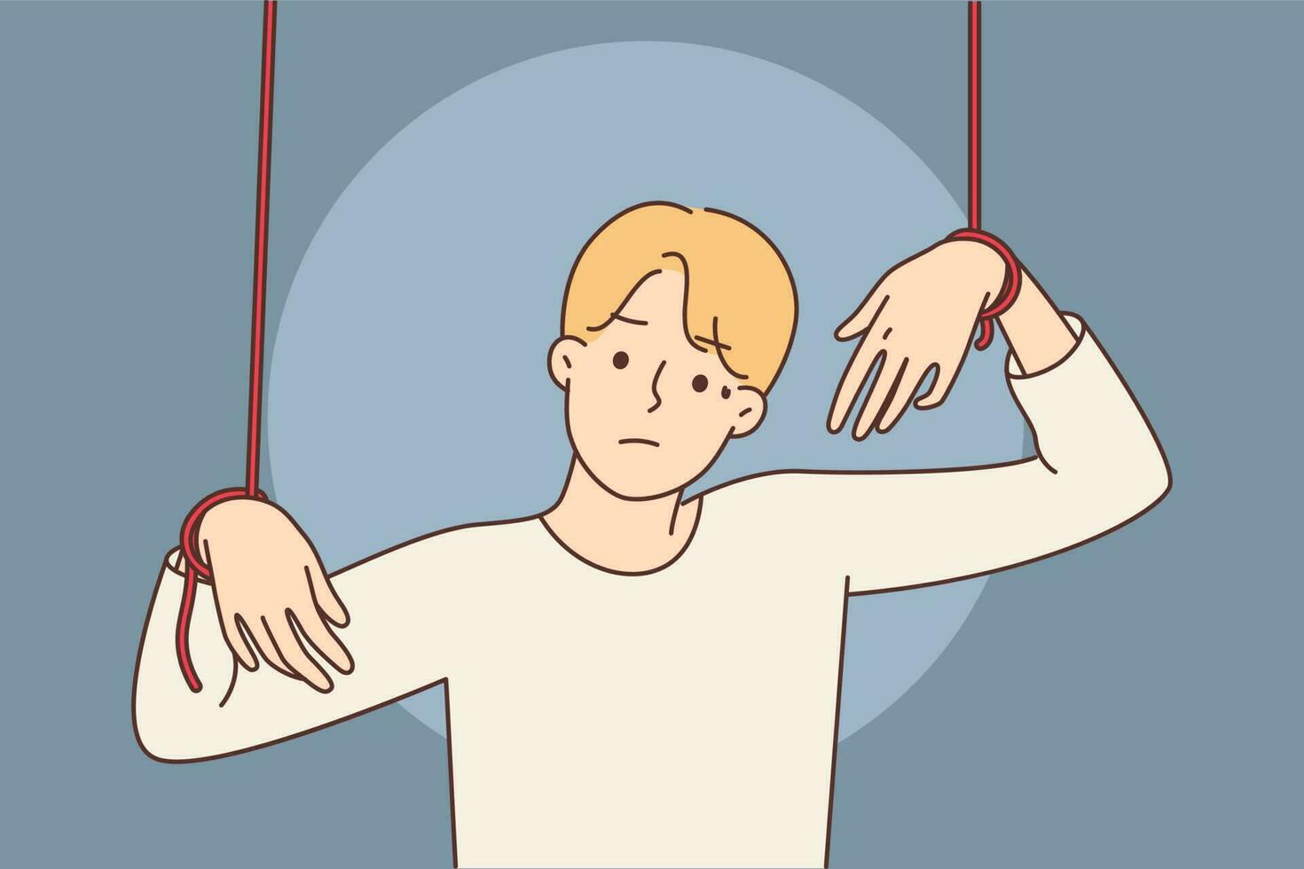 Unhappy man with hands on wires manipulated by authoritative powerful employer. Distressed guy suffer from manipulation. Vector illustration.