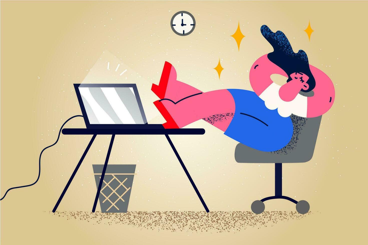 Happy calm businesswoman sit at desk in office relax daydream during working day. Relaxed woman employee rest at workplace take nap or break. Stress free. Flat vector illustration.