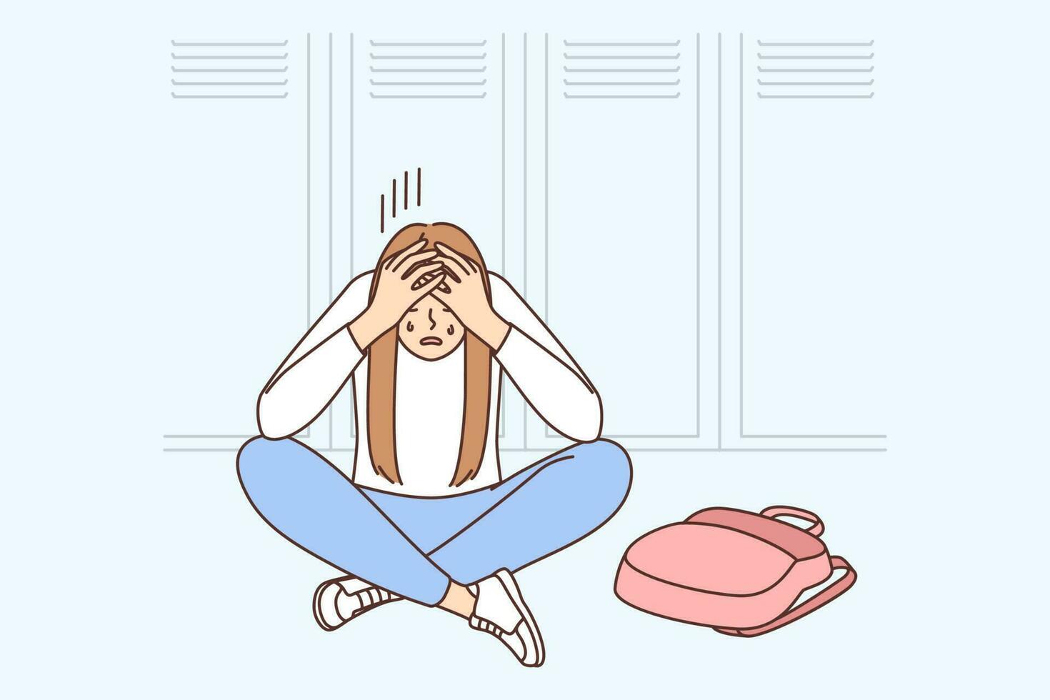 Unhappy girl sit on floor in school cry suffer from bullying. Upset stressed schoolgirl struggle with problems in college or university. Vector illustration.