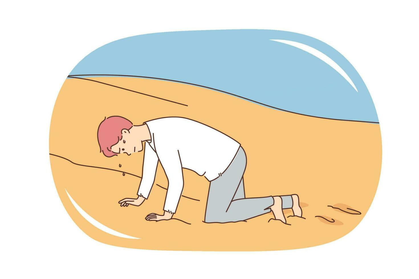 cansado joven hombre gateando en Desierto sufrir desde golpe de calor. infeliz agotado chico dificil con calor o insolación en árido yermo. vector ilustración.