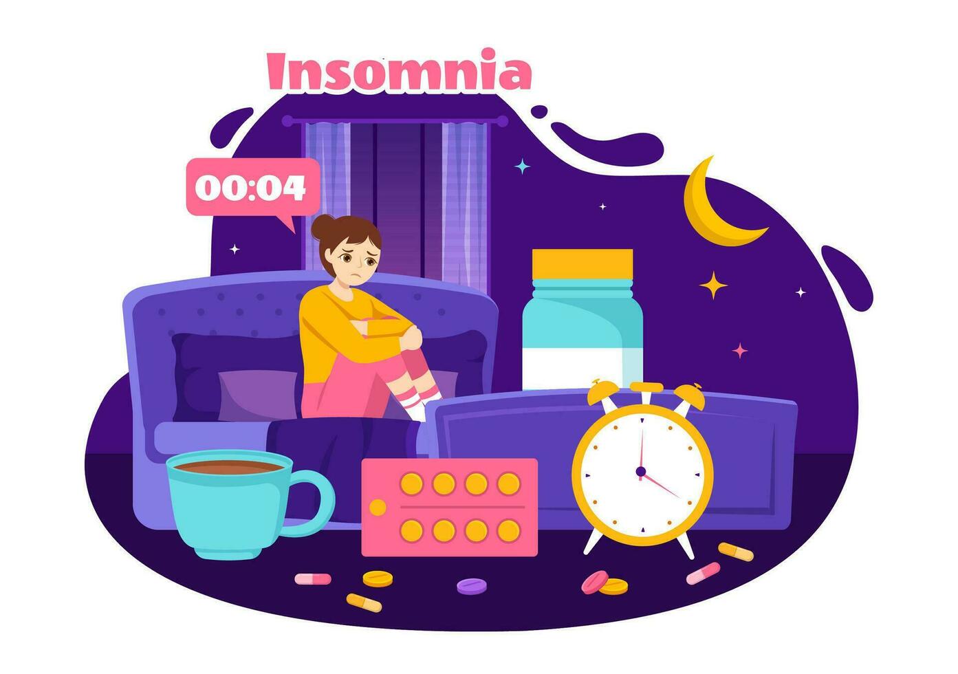 Insomnia Vector Illustration with Young People Unable to Sleep, Thinking and Eyes Open at Night Bedroom in Flat Cartoon Hand Drawn Templates