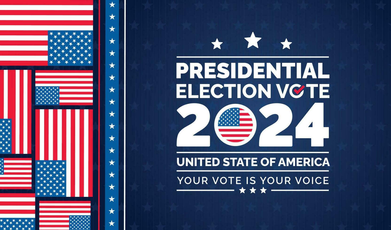 USA 2024 Presidential Elections Event Banner, background, card, poster design. Presidential Elections 2024 Banner with American colors design and typography. Vote day, November 5. US Election. vector