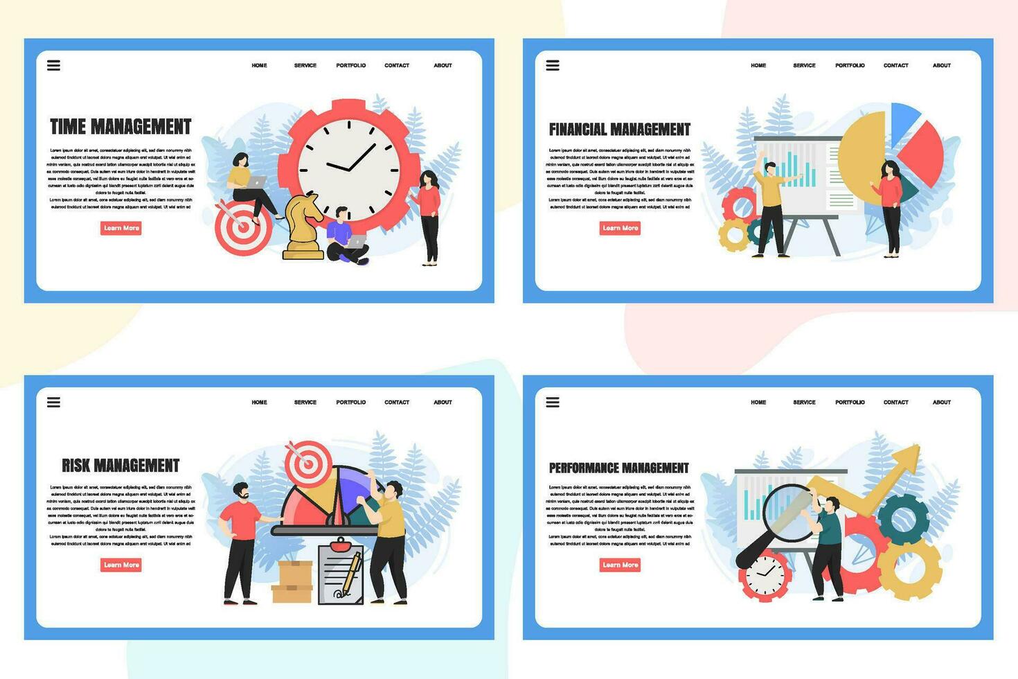 conjunto de web página diseño plantillas para administración web página composición con liderazgo, hora gestión, riesgo administración y más moderno vector ilustración conceptos