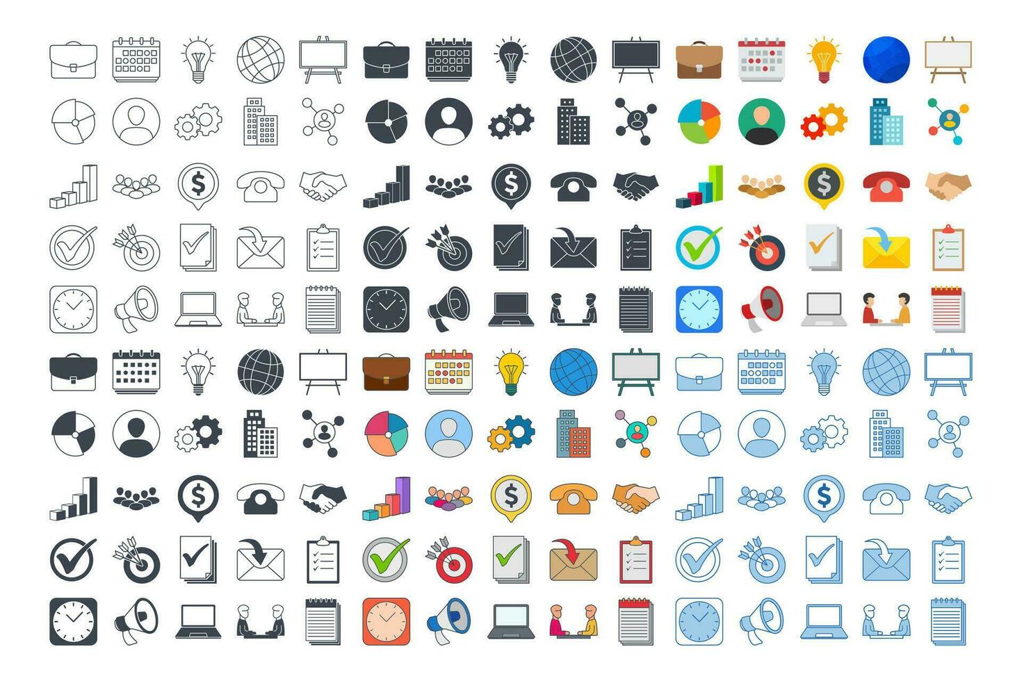 A comprehensive collection of 150 vector icons representing various aspects of business management. Perfect for enhancing presentations, websites, or any design related to business management