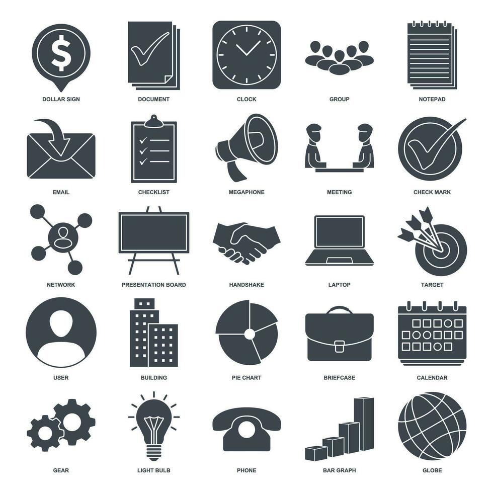 un colección de 25 vector íconos representando varios aspectos de negocio gestión. estos íconos lata ser usado a mejorar presentaciones, sitios web, o ninguna diseño relacionado a negocio