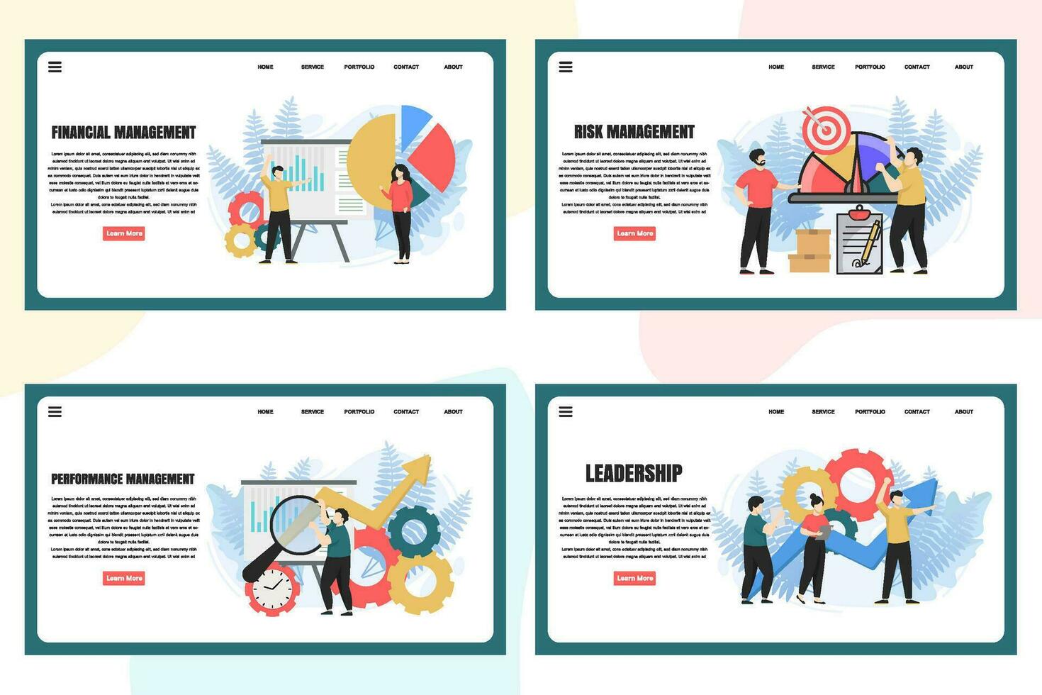Set of web page design templates for Management web page composition with Leadership, Time Management, Risk Management and more Modern vector illustration concepts