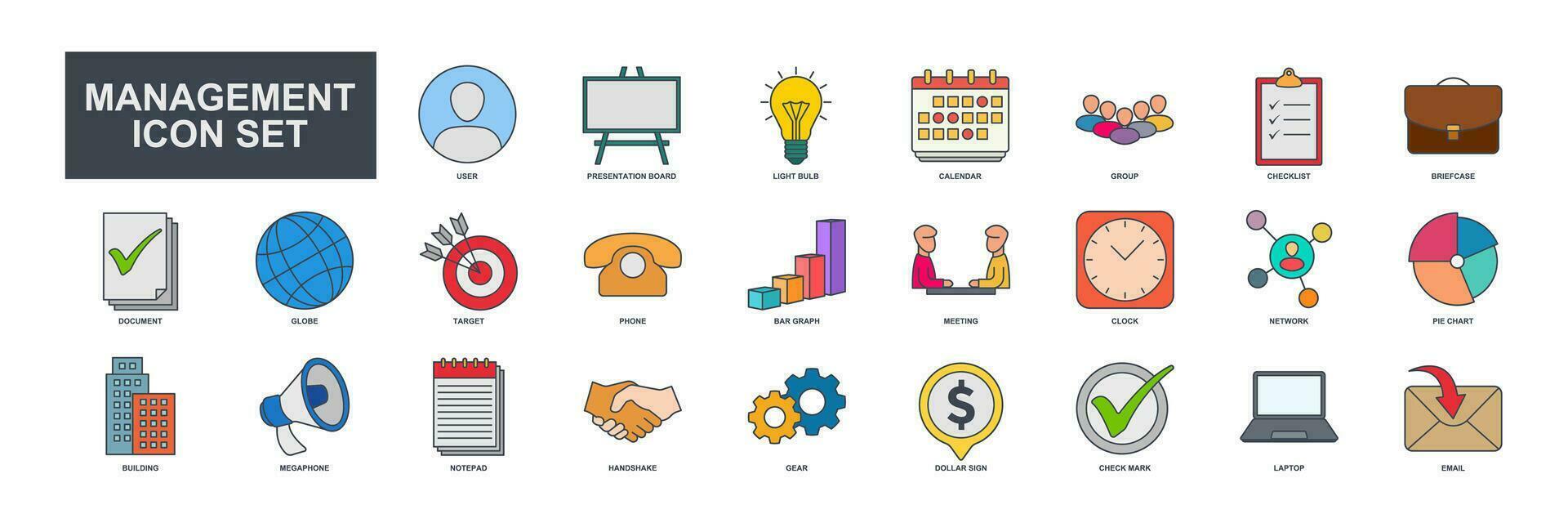 A collection of 25 vector icons representing various aspects of business management. These icons can be used to enhance presentations, websites, or any design related to business