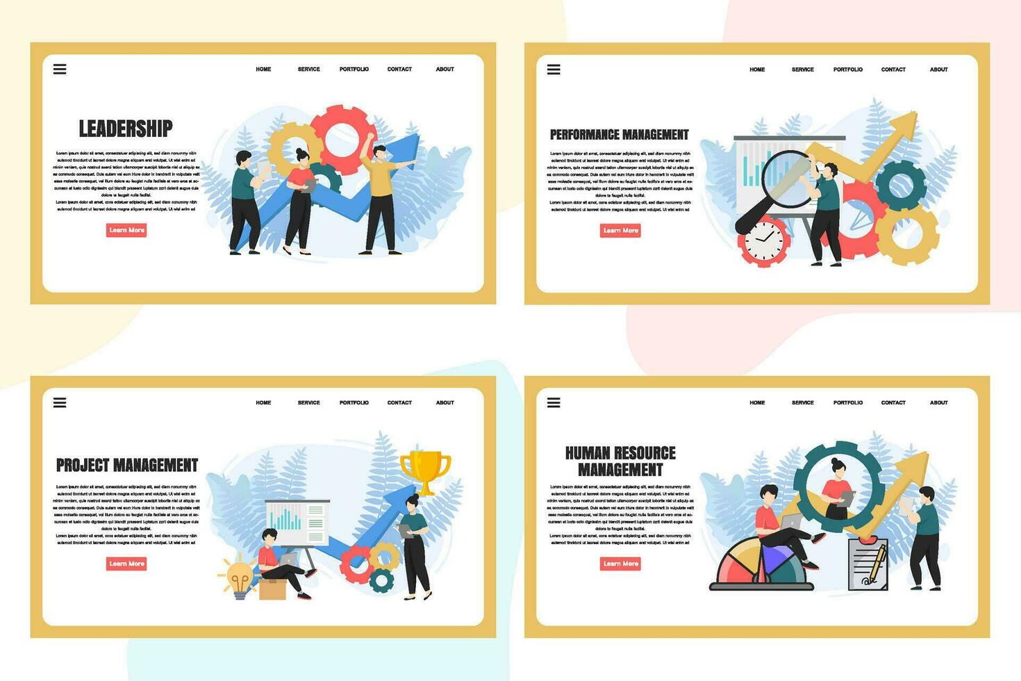 Set of web page design templates for Management web page composition with Leadership, Time Management, Risk Management and more Modern vector illustration concepts
