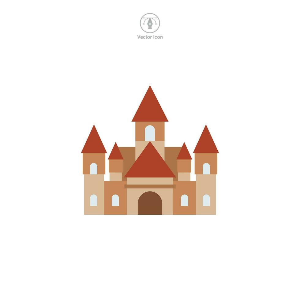 Castle icon vector displays a stylized medieval fortress, symbolizing history, royalty, fortification, heritage, and fairy-tale themes