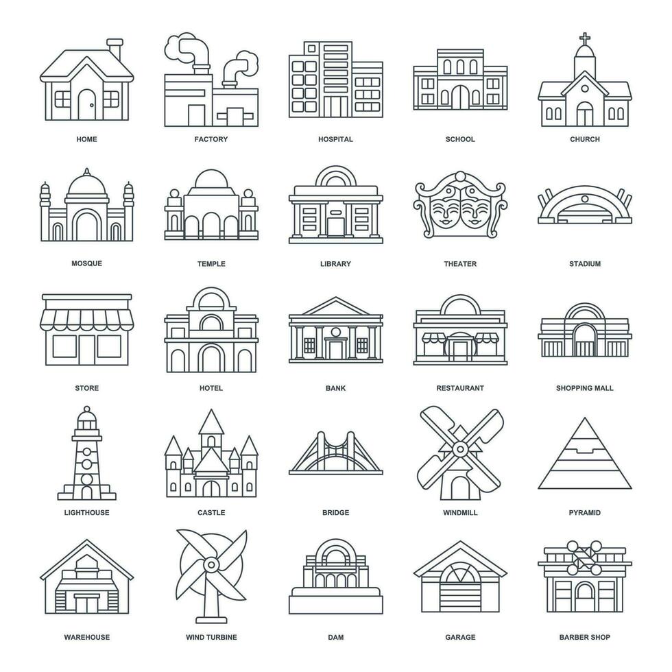 A detailed vector illustration representing diverse building types home, factory, school, mosque, hospital, and more. Each icon clearly depicts its respective structure