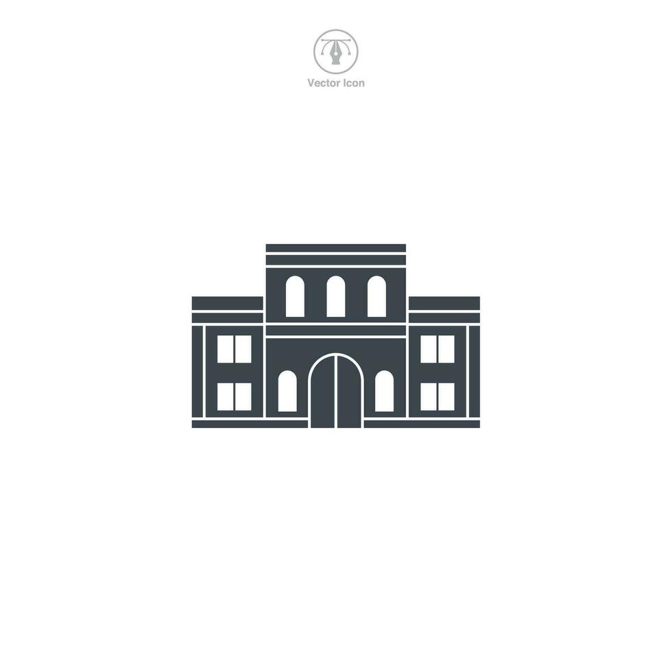 School icon vector portrays a stylized educational institution, signifying learning, education, academia, knowledge, and student life