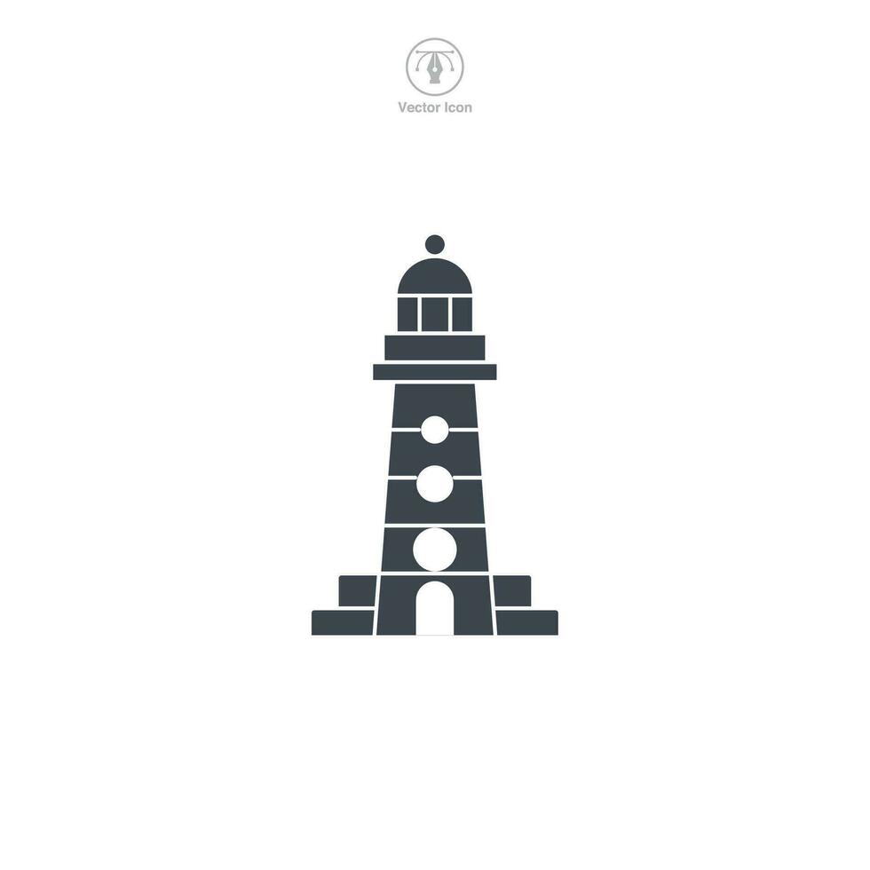 Lighthouse icon vector shows a stylized beacon, signifying navigation, safety, maritime guidance, coastline, and sea exploration