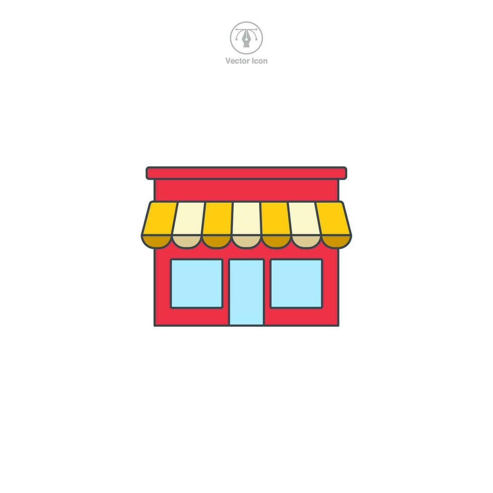 Store icon vector portrays a stylized retail outlet, signifying shopping, commerce, trade, consumerism, and business transactions