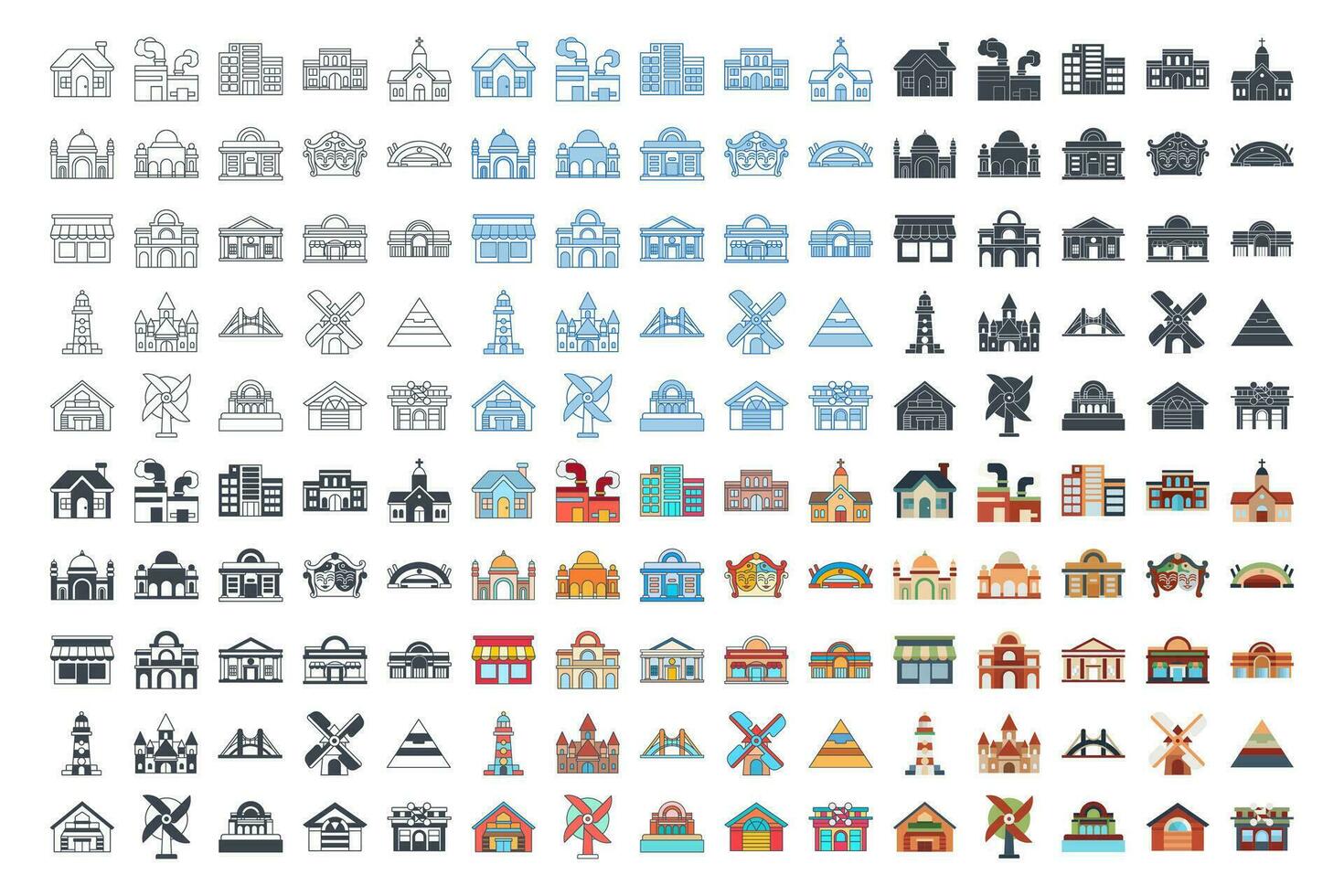 This building set icon vector illustrates various structures like homes, factories, schools, mosques, hospitals, and more, depicted with detailed and clear imagery