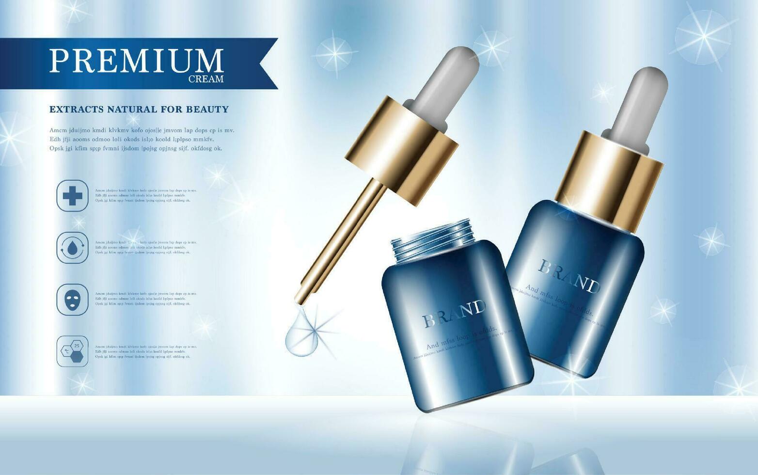 Hydrating facial serum for annual sale or festival sale. blue and gold serum mask bottle isolated on glitter particles background. Graceful cosmetic ads, illustration. vector