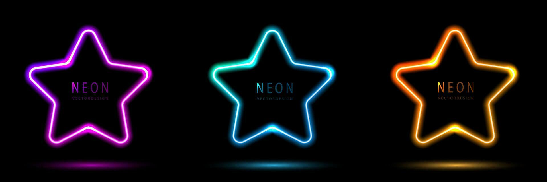 Set of glowing neon star lighting lines pink-purple, blue-green, orange-yellow, blue-green illuminate hexagon frame design. collection of glowing neon lighting on dark background with copy space. vector